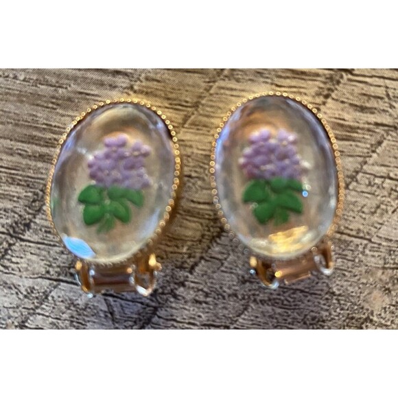 Women’s Earrings Framed Violets Reverse Painted Glass  Huggie 3/4” Vintage - Picture 1 of 3